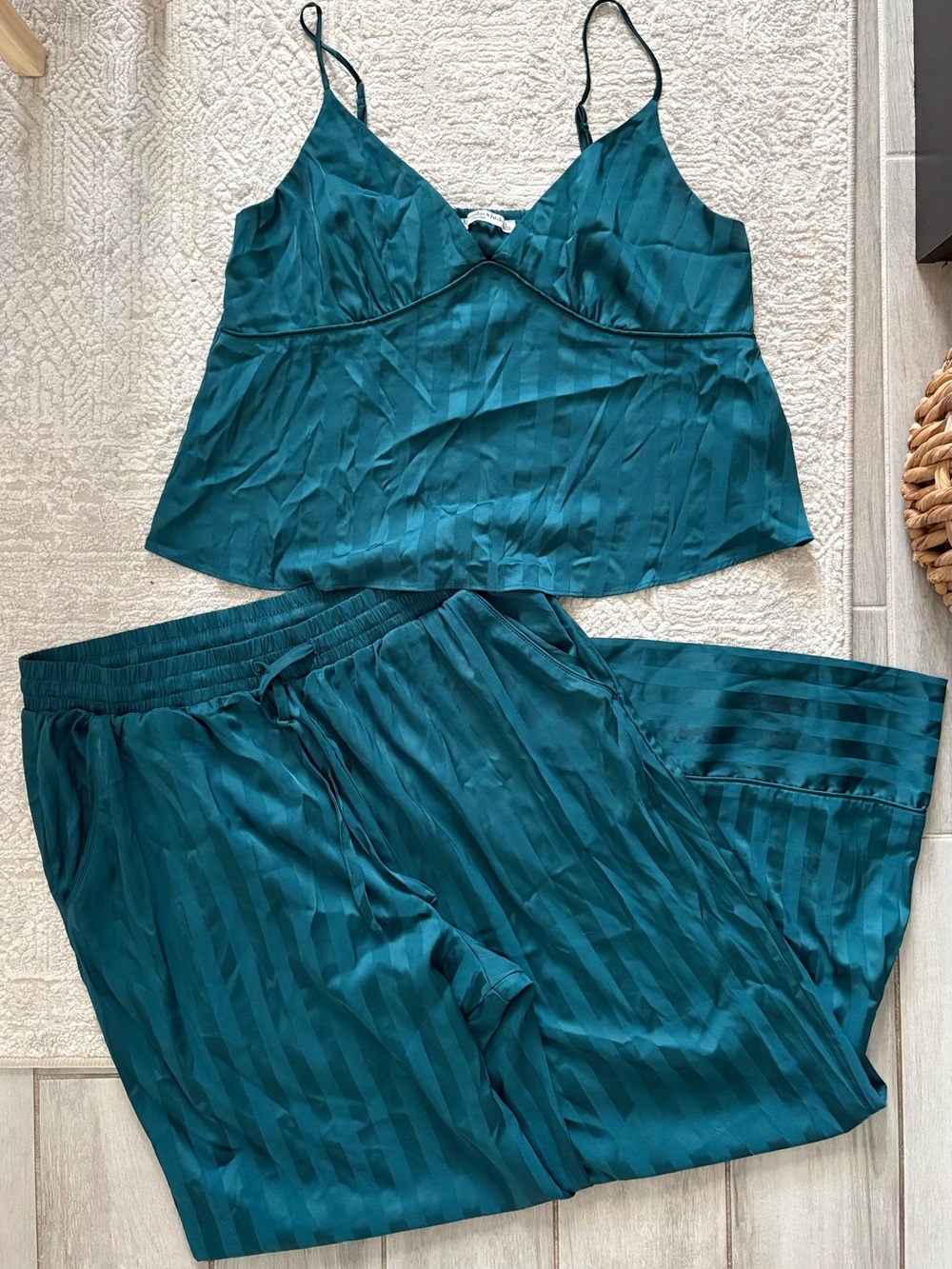 Abercrombie & Fitch Teal Satin Striped Pajama Set - Cami & Pants